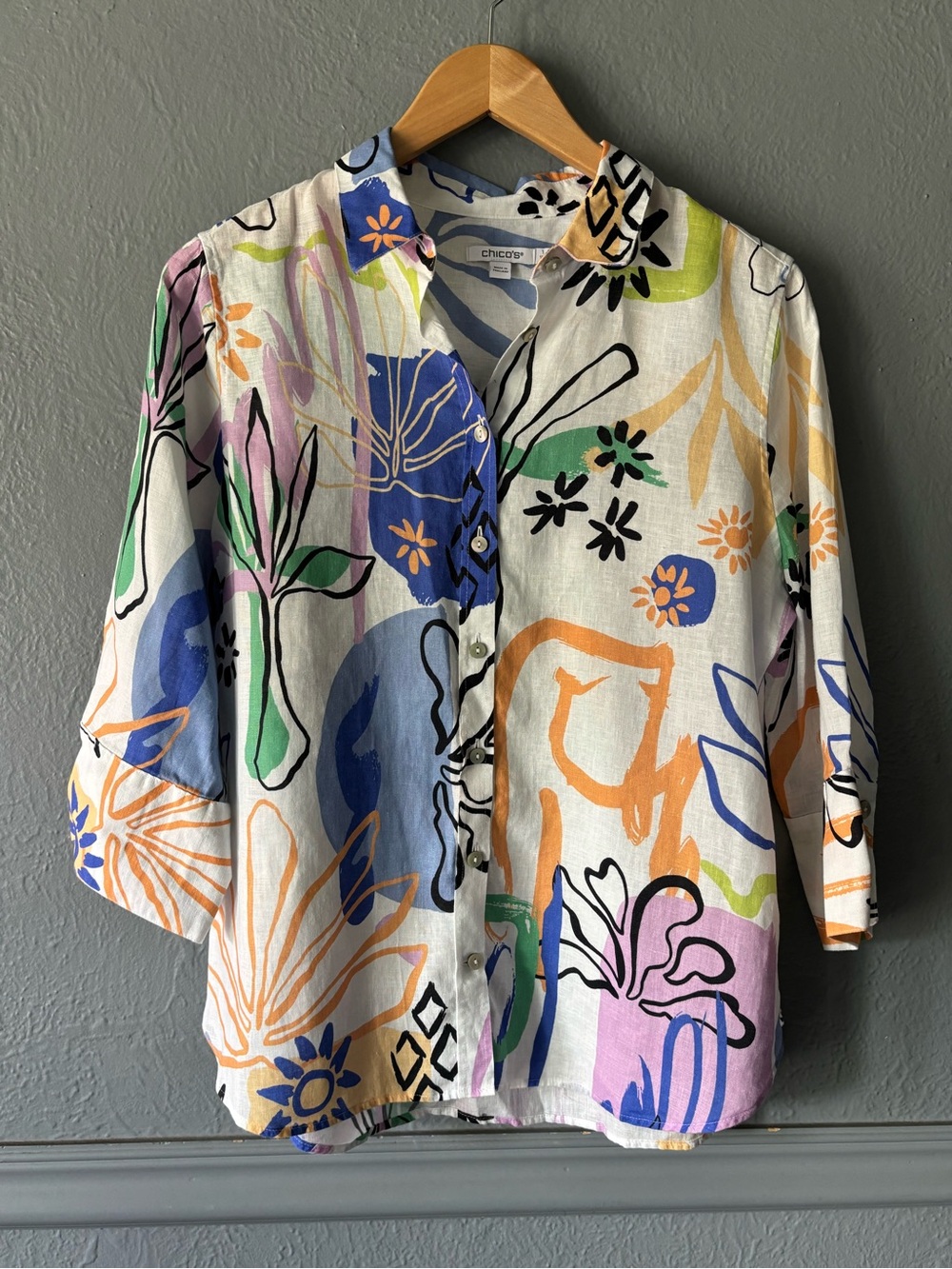 Chico’s Linen Button Up Tunic Shirt Artsy Print Size 1